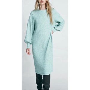 ZARA Green Ribbed Knit Long Sleeve Crew Neck Sweater Dress